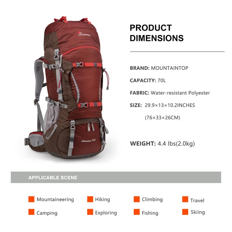 MOUNTAINTOP 70L Internal Frame Backpack Camping Backpacking Hiking Backpack for Men Women with Rain Cover,Maroon - Image 2